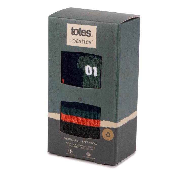 totes toasties® Mens Original Slipper Socks (Twin Pack) Football / Stripe Extra Image 1